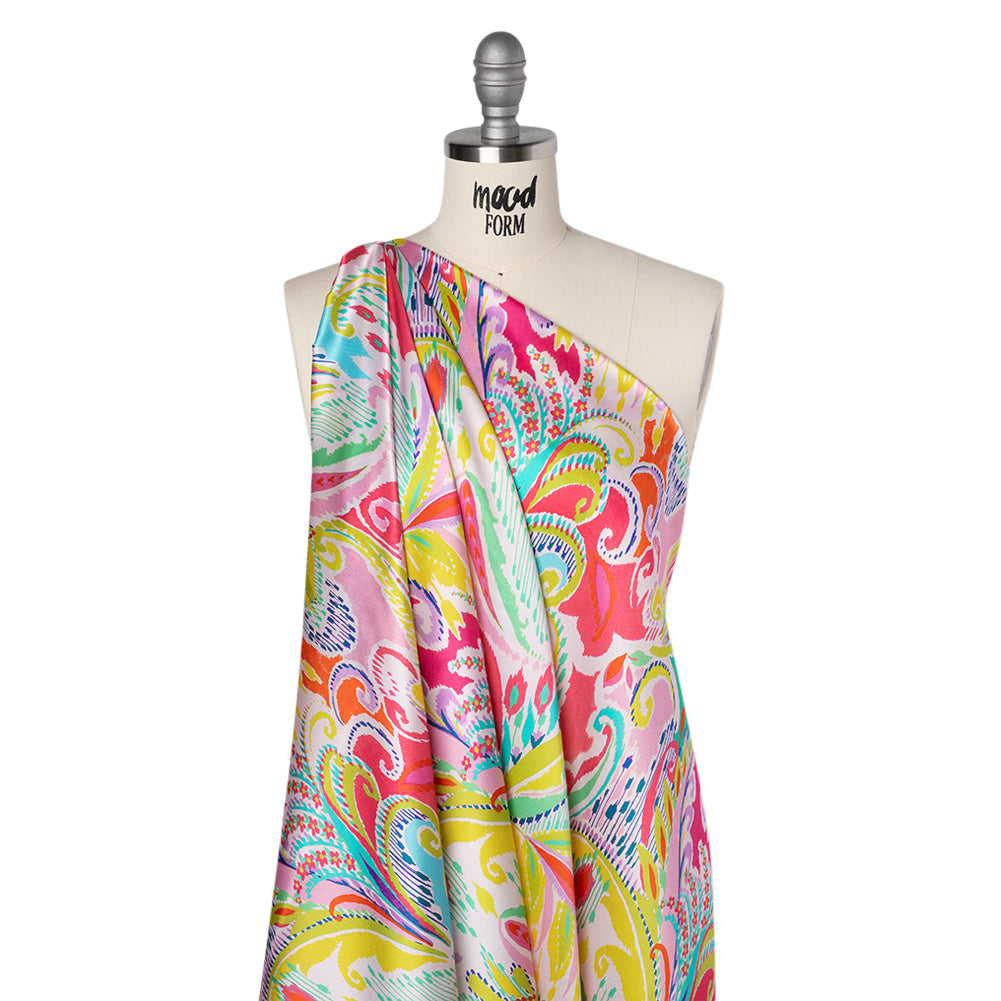 Silk Charmeuse Print 16MM, Made in Italy - White, Yellow and Purple Painterly Ikat Paisley Folded