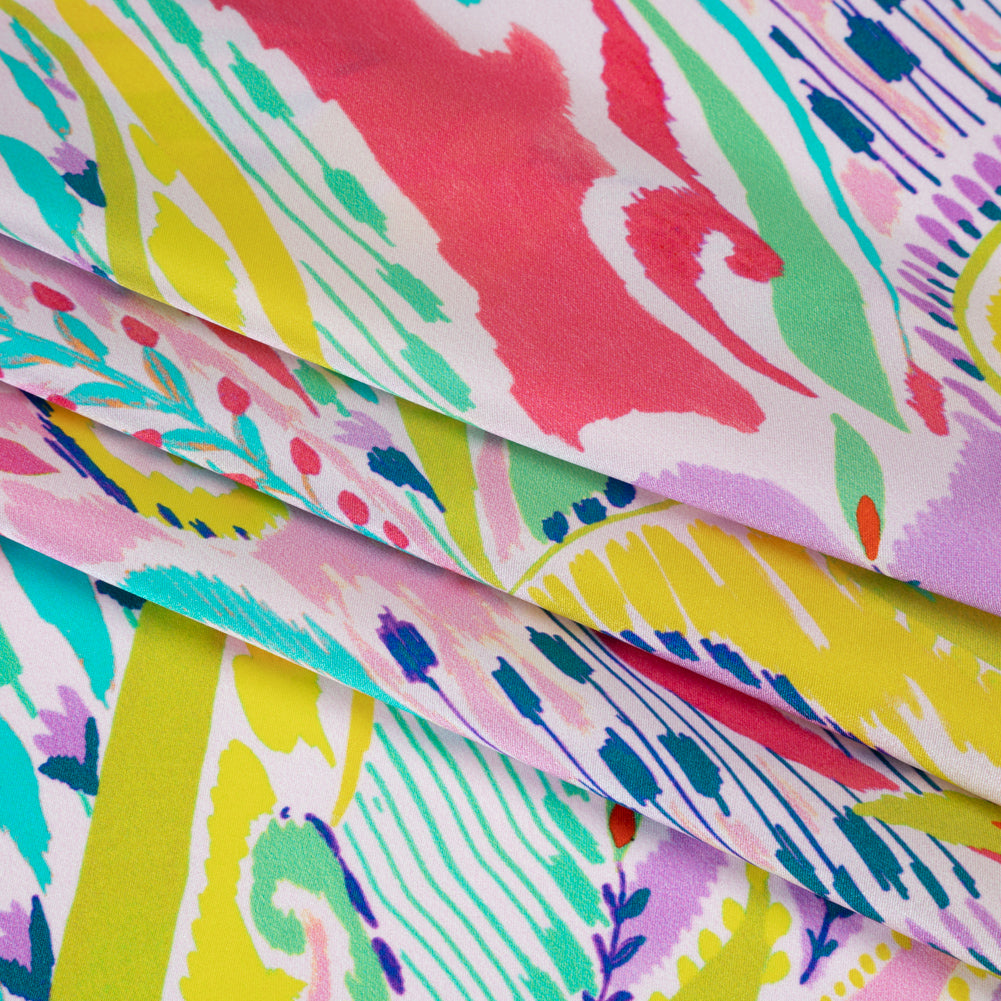 Silk Charmeuse Print 16MM, Made in Italy - White, Yellow and Purple Painterly Ikat Paisley Detail