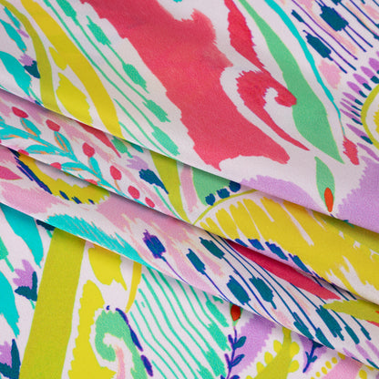 Silk Charmeuse Print 16MM, Made in Italy - White, Yellow and Purple Painterly Ikat Paisley Detail