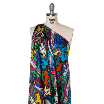 Silk Charmeuse Print 16MM, Made in Italy - Black, Turquoise and Berry Red Painterly Ikat Paisley Folded