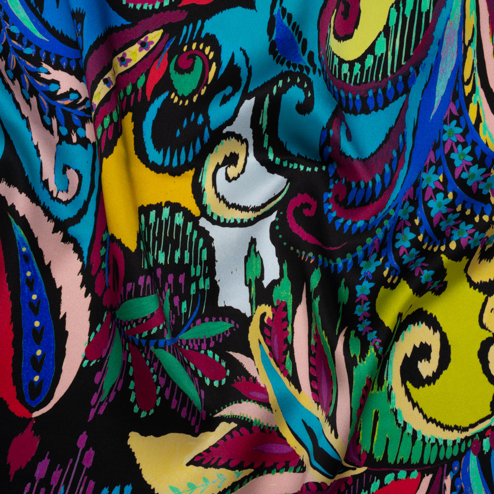 Silk Charmeuse Print 16MM, Made in Italy - Black, Turquoise and Berry Red Painterly Ikat Paisley Drape