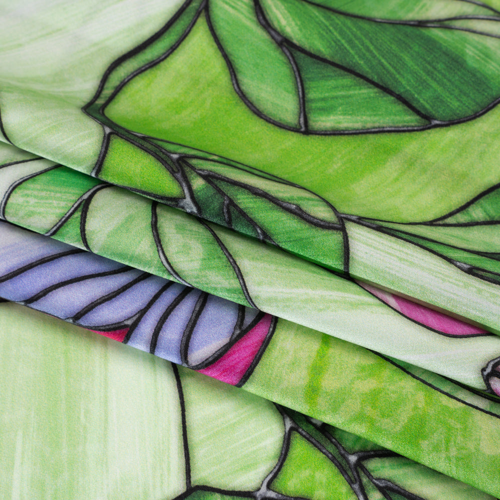 Silk Charmeuse Print 16MM, Made in Italy - Grass Green, Hot Pink and Lavender Stained Glass Flower Garden