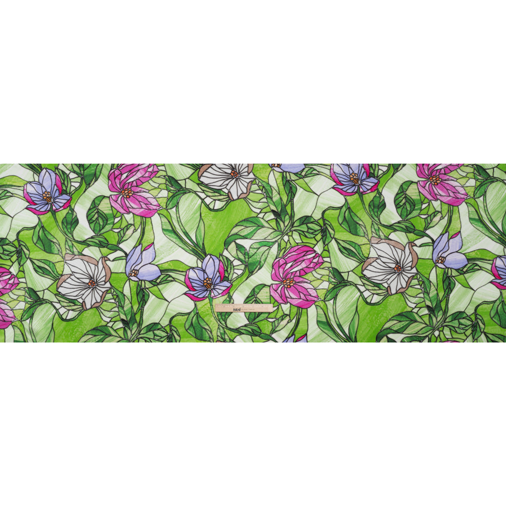 Silk Charmeuse Print 16MM, Made in Italy - Grass Green, Hot Pink and Lavender Stained Glass Flower Garden