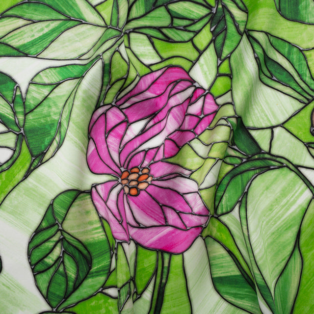 Silk Charmeuse Print 16MM, Made in Italy - Grass Green, Hot Pink and Lavender Stained Glass Flower Garden
