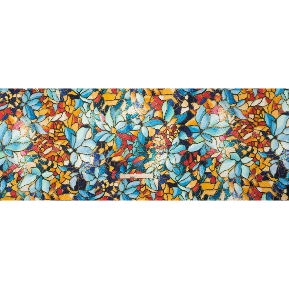 Silk Charmeuse Print 16MM, Made in Italy - Sky Blue, Golden Yellow and Red Stained Glass Flower Mosaic