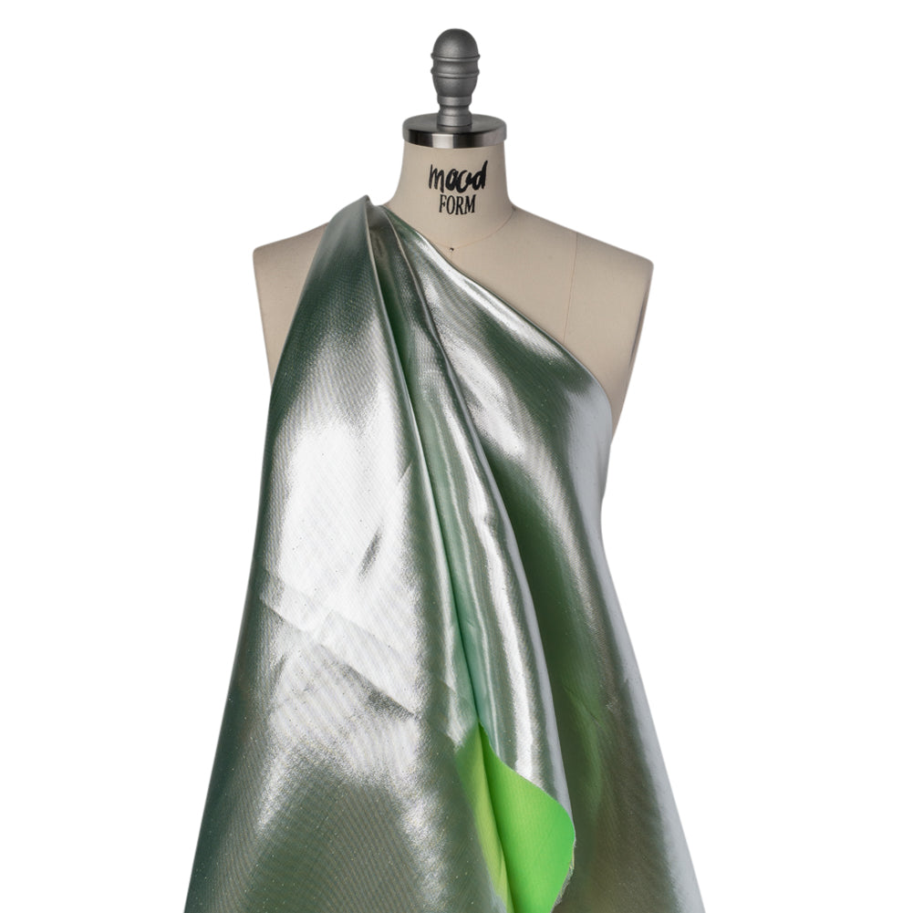 Double Faced Lame Mikado - Neon Green and Silver - Sara Collection - Drape