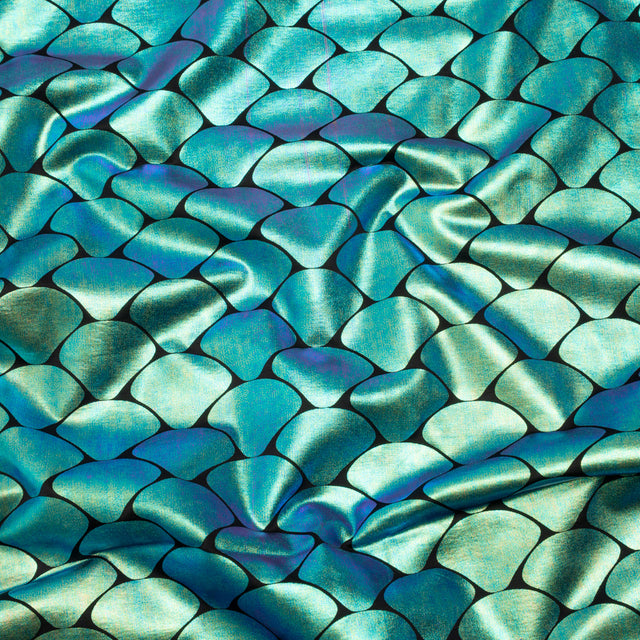 Yaya Han Metallic Foiled Stretch Spandex Polyester Jersey - Aqua Blue and Purple Oil Slick Mermaid Fish Scales on Black - Cosplay Collection