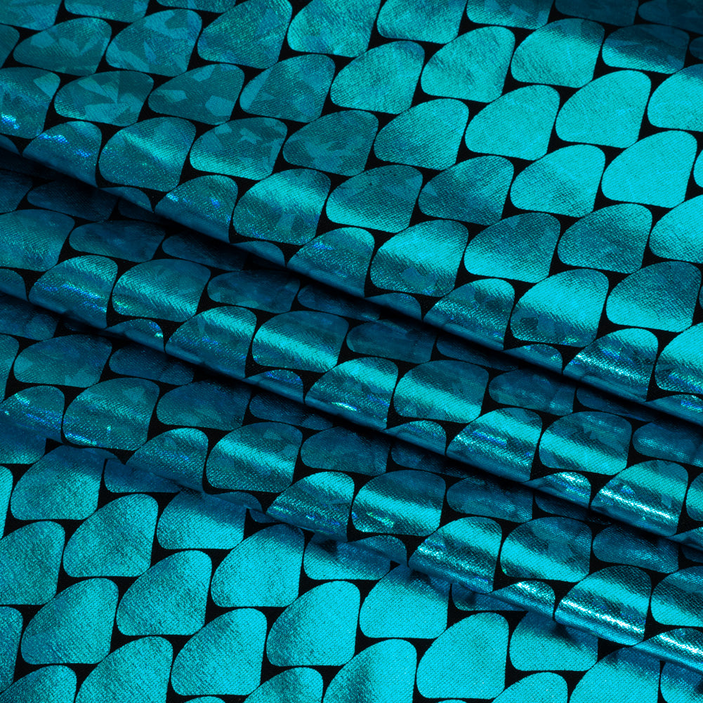 Yaya Han Holographic Foiled Stretch Spandex Polyester Jersey - Metallic Turquoise Fish Scales - Cosplay Collection - Folded