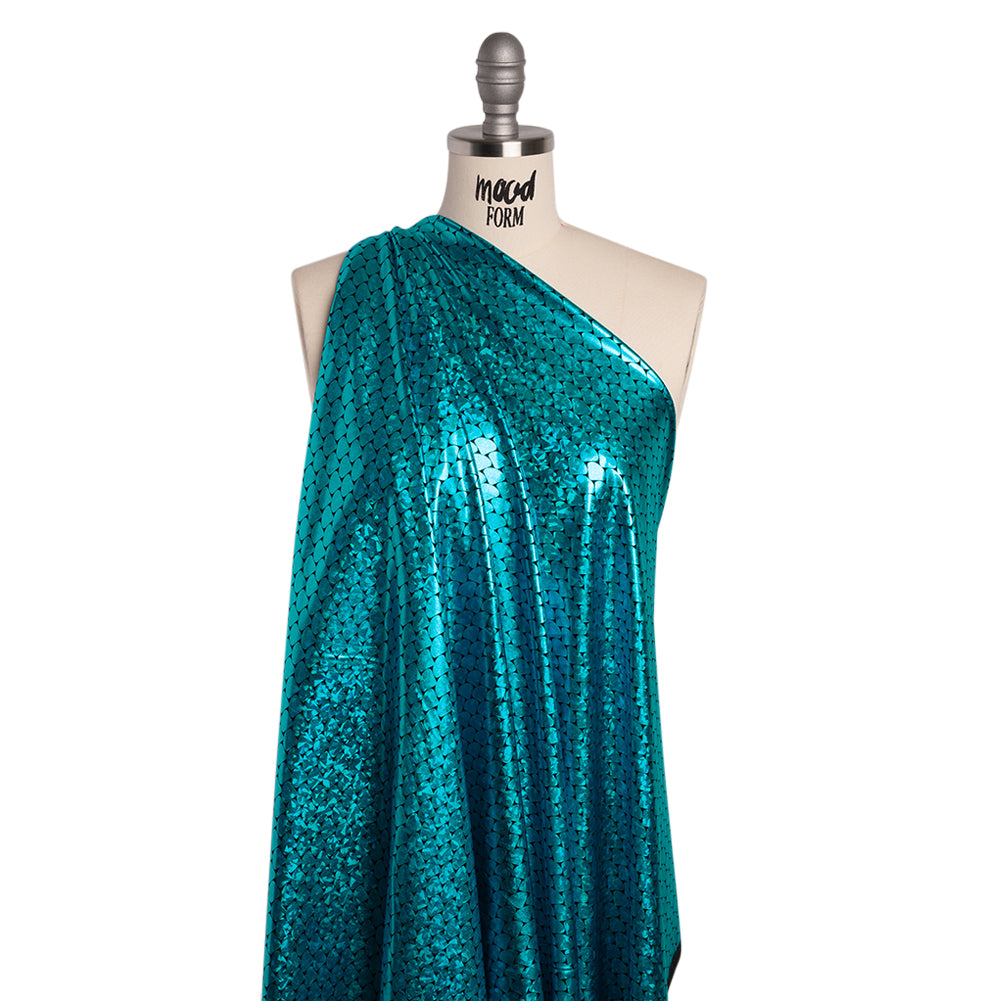 Yaya Han Holographic Foiled Stretch Spandex Polyester Jersey - Metallic Turquoise Fish Scales - Cosplay Collection - Drape