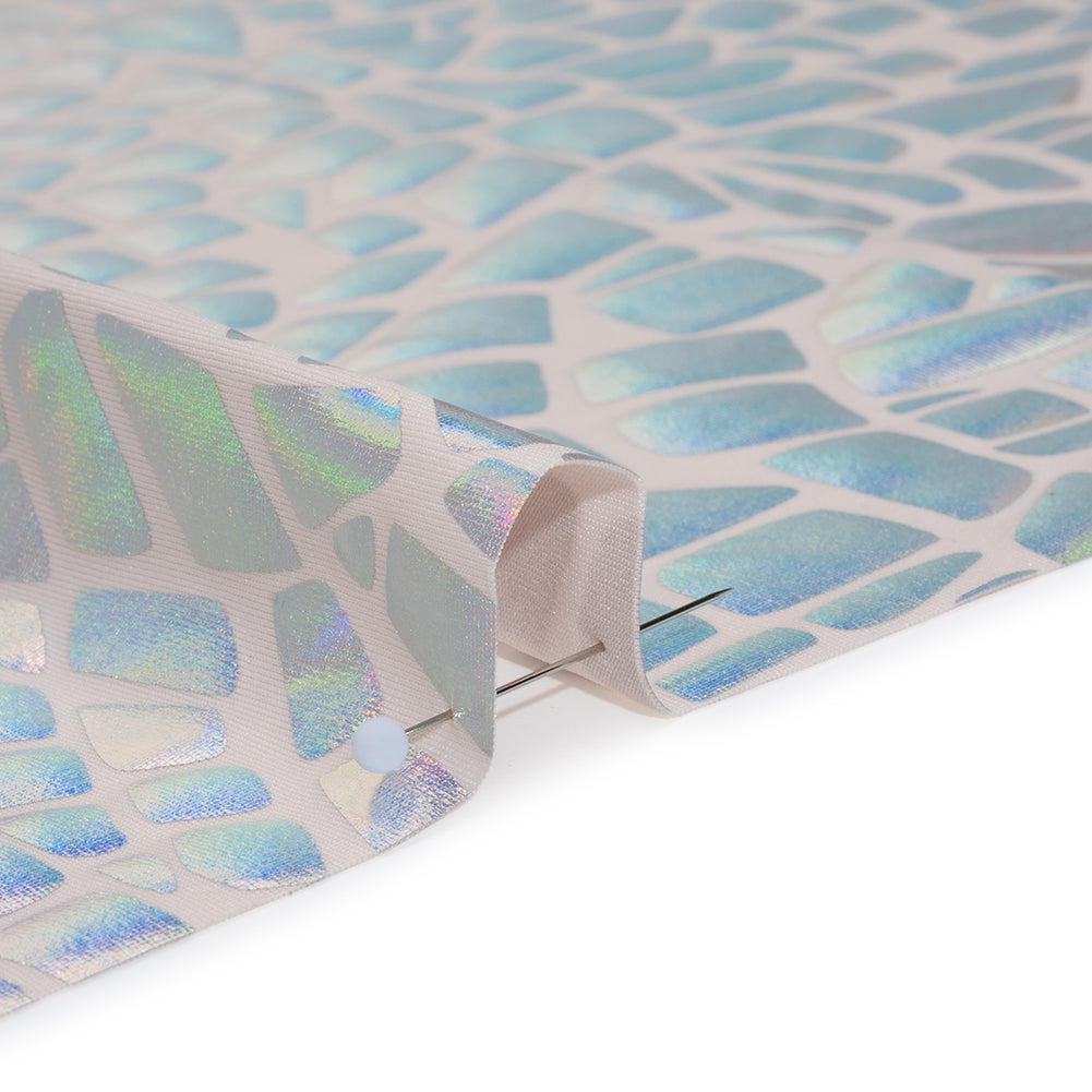 Jersey de poliéster elástico con spandex y lámina holográfica Yaya Han - Plata metalizada iridiscente efecto vidrio roto abstracto - Colección Cosplay