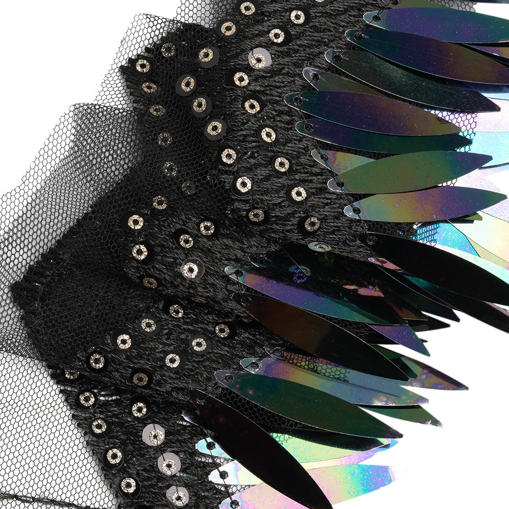 Yaya Han Iridescent Sequin Fringe on Zig Zag Braided Trim - Tango Black, Gold and Oil Slick, 3" - Cosplay Collection - Detail