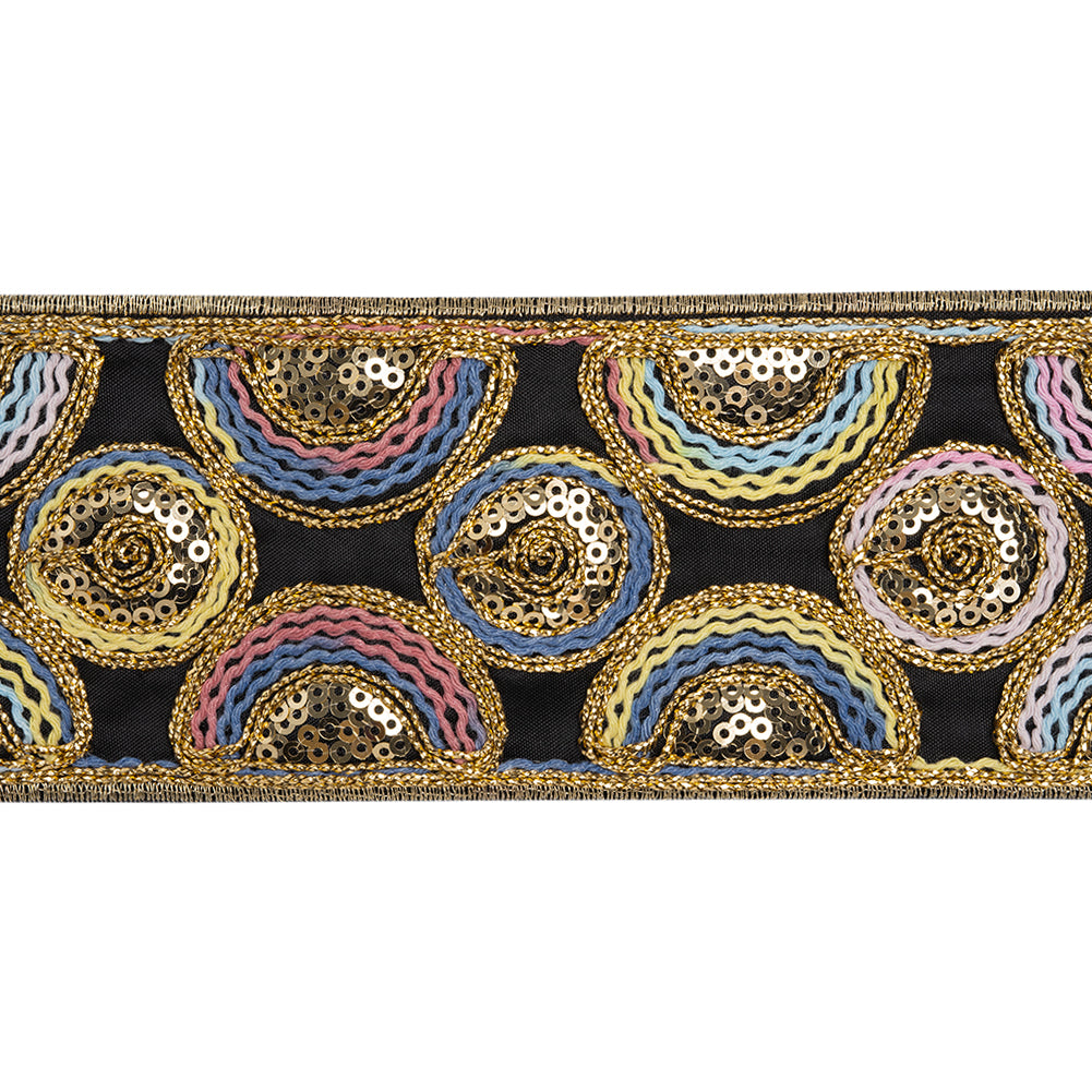 Yaya Han Metallic Embroidered and Sequined Woven Ribbon Trim - Lagos Black, Gold and Rainbow Circles, 2.63" - Cosplay Collection