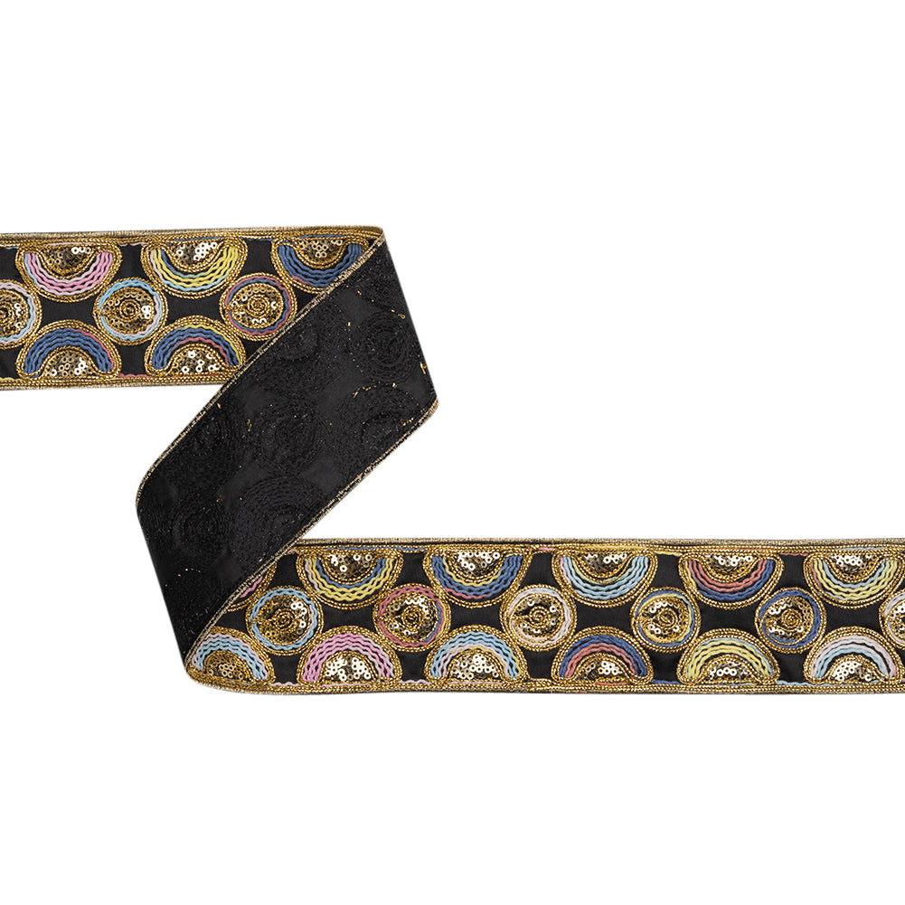 Yaya Han Metallic Embroidered and Sequined Woven Ribbon Trim - Lagos Black, Gold and Rainbow Circles, 2.63" - Cosplay Collection