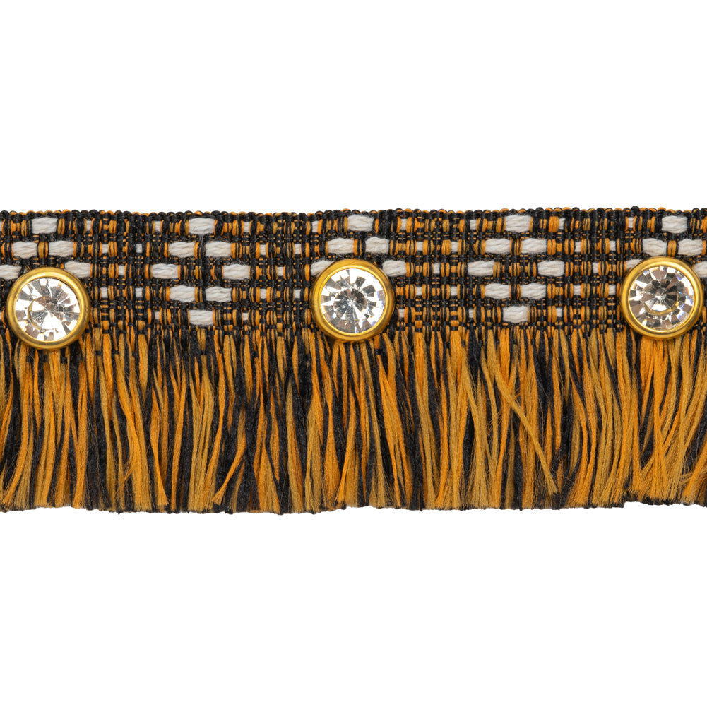 Yaya Han Brush Fringe Trim with Rhinestones - Black, Orange and Gold Geometric, 1.25" - Cosplay Collection