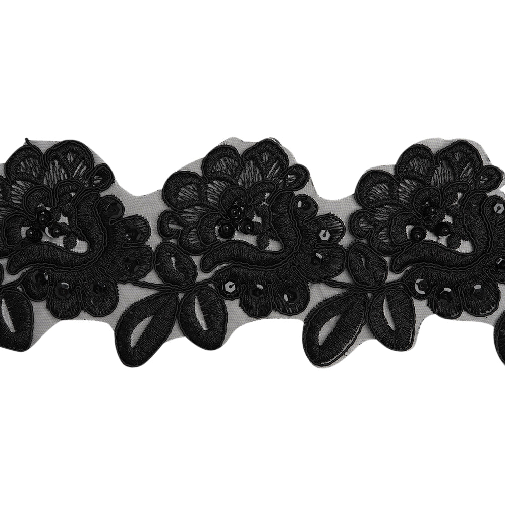 Yaya Han Corded Embroidered Lace Trim with Sequins and Beading - Black Fantasy Flowers, 3.5" - Cosplay Collection - Folded