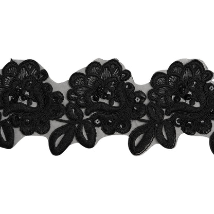 Yaya Han Corded Embroidered Lace Trim with Sequins and Beading - Black Fantasy Flowers, 3.5" - Cosplay Collection