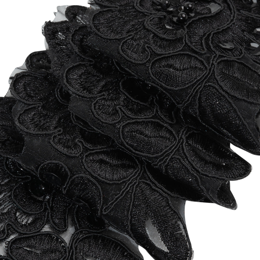 Yaya Han Corded Embroidered Lace Trim with Sequins and Beading - Black Fantasy Flowers, 3.5" - Cosplay Collection - Detail