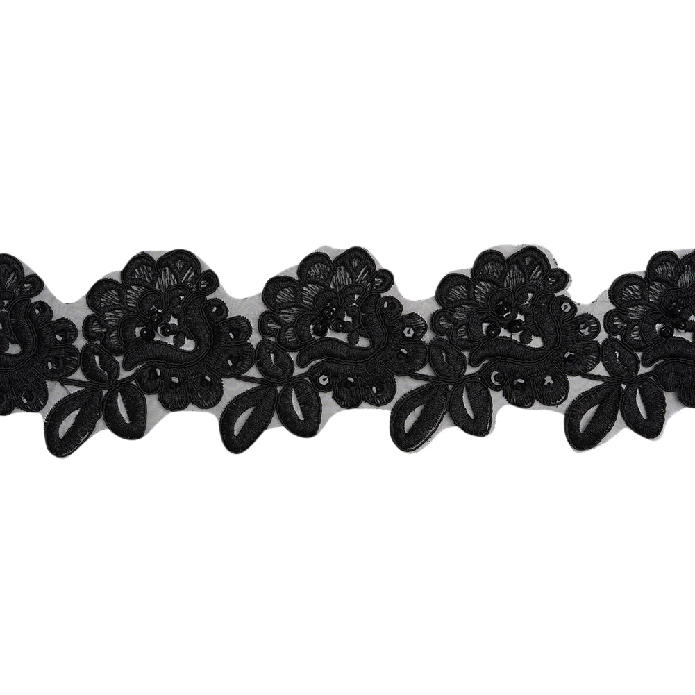 Yaya Han Corded Embroidered Lace Trim with Sequins and Beading - Black Fantasy Flowers, 3.5" - Cosplay Collection