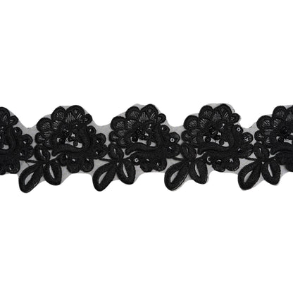 Yaya Han Corded Embroidered Lace Trim with Sequins and Beading - Black Fantasy Flowers, 3.5" - Cosplay Collection