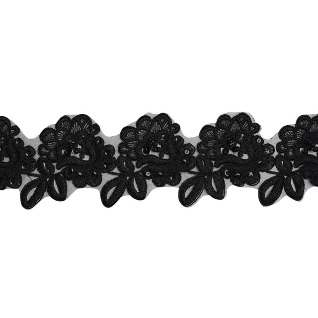 Yaya Han Corded Embroidered Lace Trim with Sequins and Beading - Black Fantasy Flowers, 3.5" - Cosplay Collection