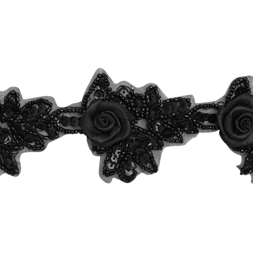 Yaya Han Beaded and Sequins Trim with 3D Roses - Black Floral, 2.5" - Cosplay Collection - Folded