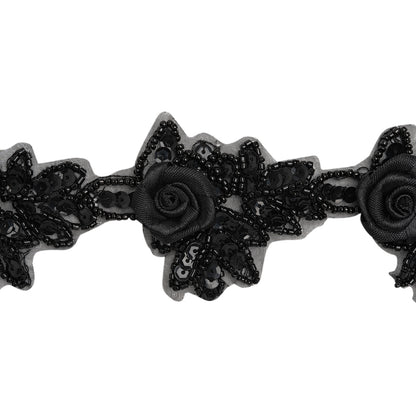 Yaya Han Beaded and Sequins Trim with 3D Roses - Black Floral, 2.5" - Cosplay Collection