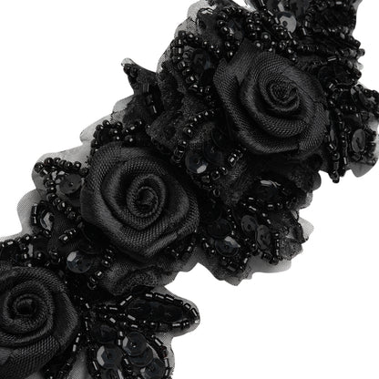 Yaya Han Beaded and Sequins Trim with 3D Roses - Black Floral, 2.5" - Cosplay Collection