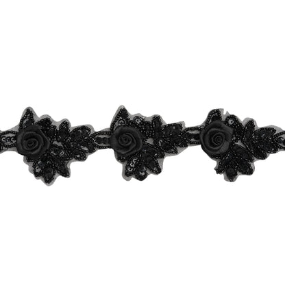 Yaya Han Beaded and Sequins Trim with 3D Roses - Black Floral, 2.5" - Cosplay Collection