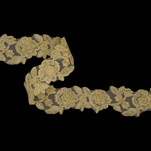 Yaya Han Metallic Corded Embroidered Lace Trim - Gold Fae Floral Vine, 2.5" - Cosplay Collection