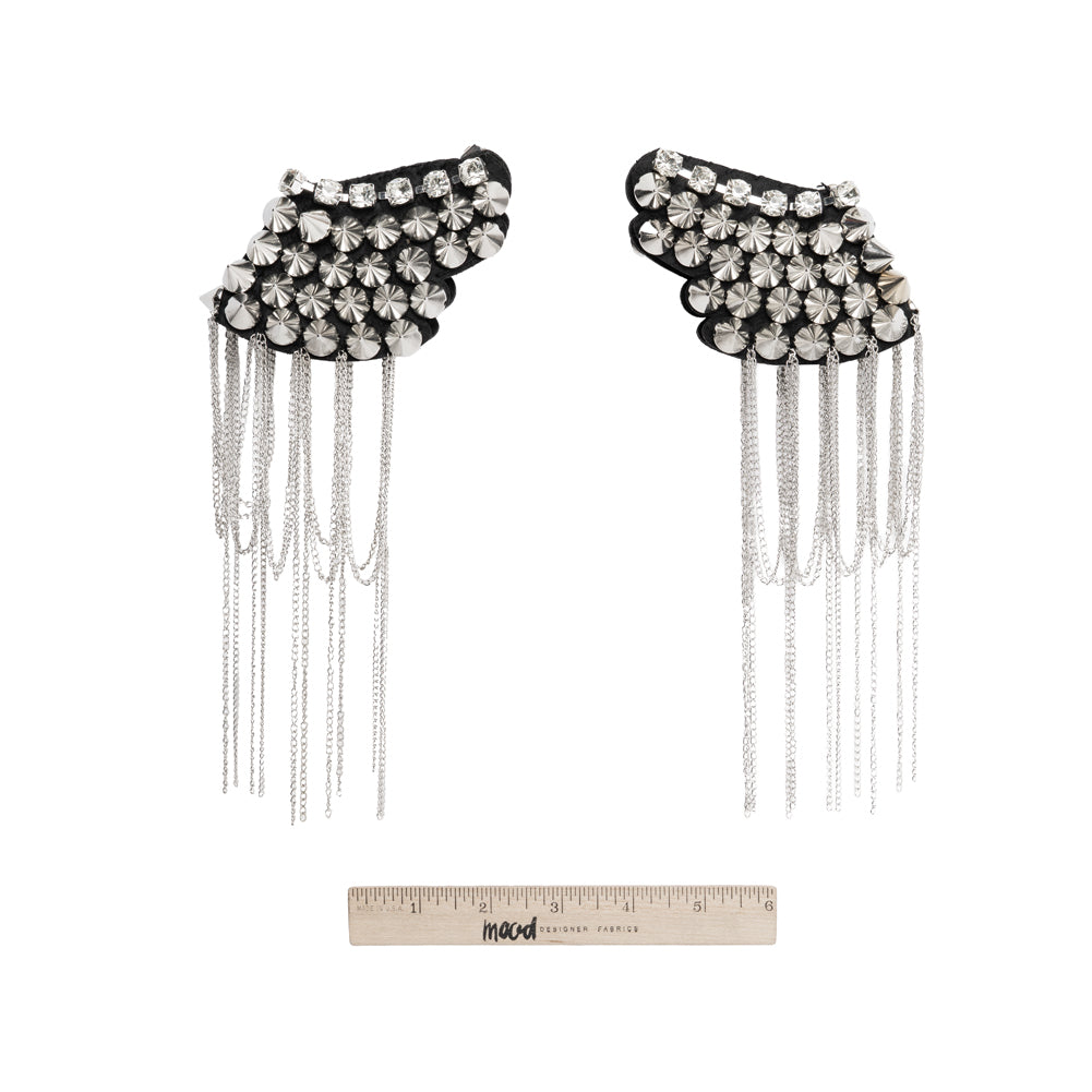 Yaya Han Rhinestones and Spikes Shoulder Epaulettes with Metal Chain Fringe - London Punk Silver and Black, 8.5" x 4.25" - Cosplay Collection