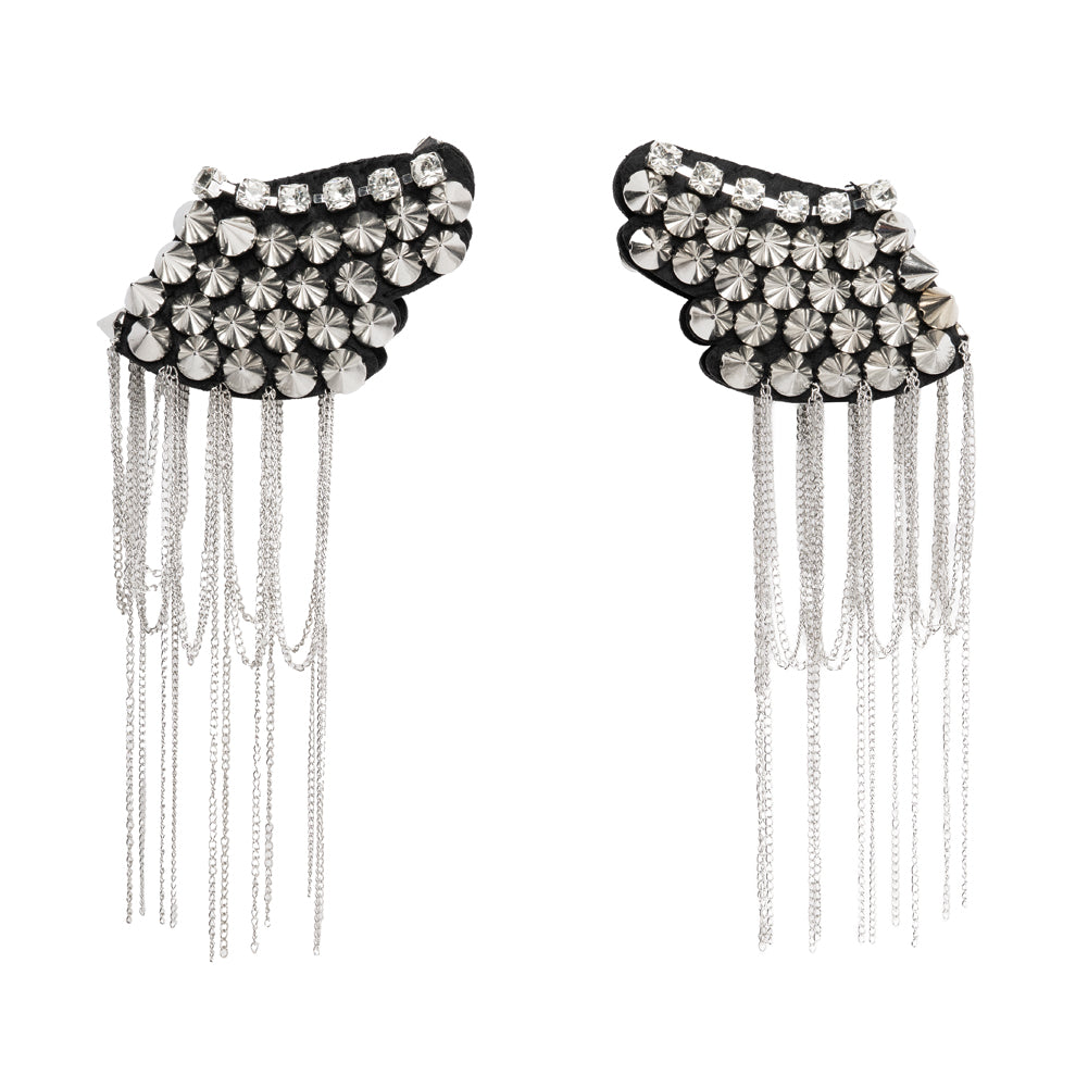 Yaya Han Rhinestones and Spikes Shoulder Epaulettes with Metal Chain Fringe - London Punk Silver and Black, 8.5" x 4.25" - Cosplay Collection
