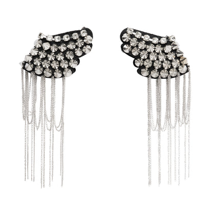 Yaya Han Rhinestones and Spikes Shoulder Epaulettes with Metal Chain Fringe - London Punk Silver and Black, 8.5" x 4.25" - Cosplay Collection