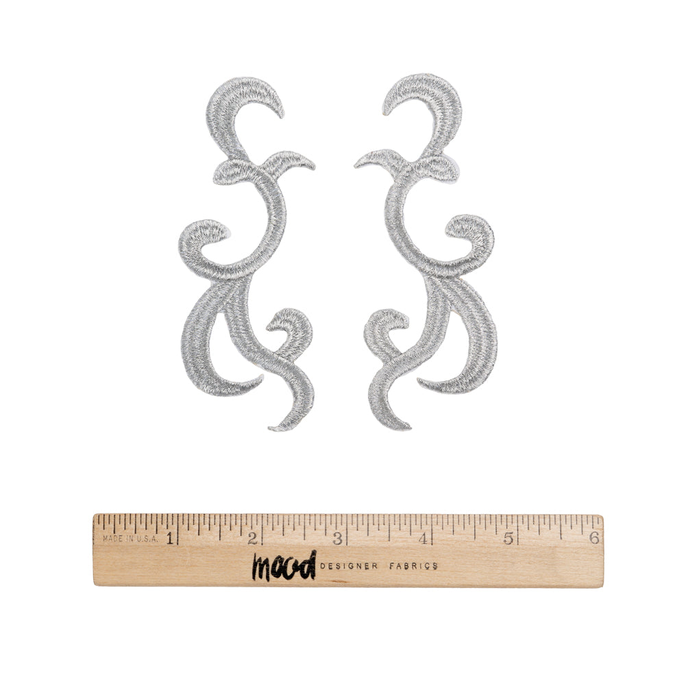 Yaya Han Iron-On Metallic Embroidered Applique Pair - Silver Swirls, 4.25" x 3.25" - Cosplay Collection - Full