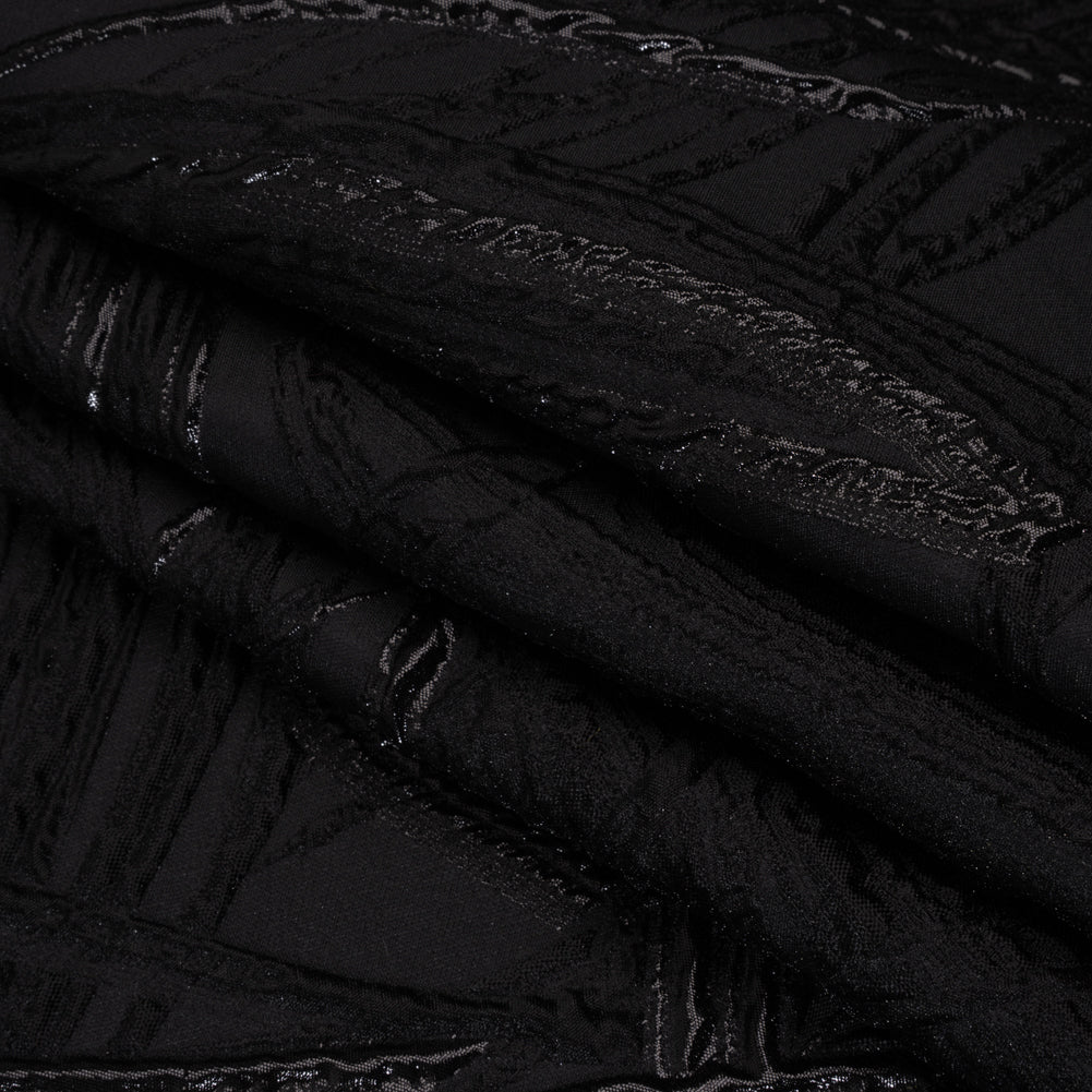 Metallic Polyester and Acetate Brocade - Black on Black Bunches of Leaves