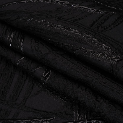Metallic Polyester and Acetate Brocade - Black on Black Bunches of Leaves
