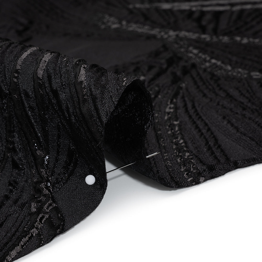 Metallic Polyester and Acetate Brocade - Black on Black Bunches of Leaves