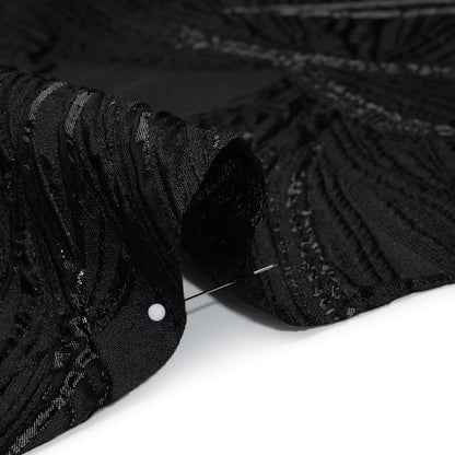 Metallic Polyester and Acetate Brocade - Black on Black Bunches of Leaves