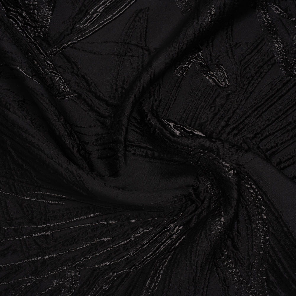 Metallic Polyester and Acetate Brocade - Black on Black Bunches of Leaves
