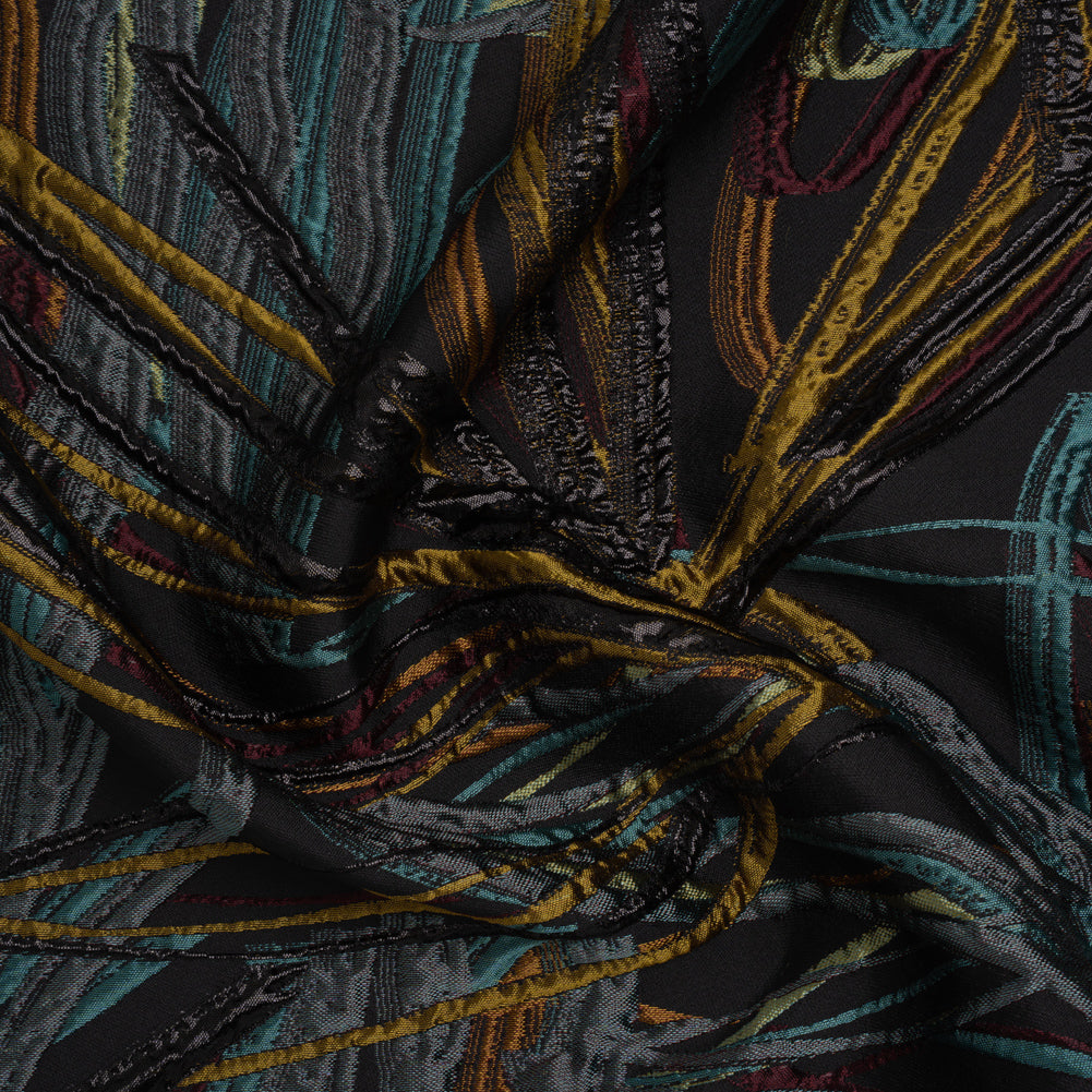 Metallic Polyester and Acetate Brocade - Dusty Teal, Mustard Yellow and Black Bunches of Leaves