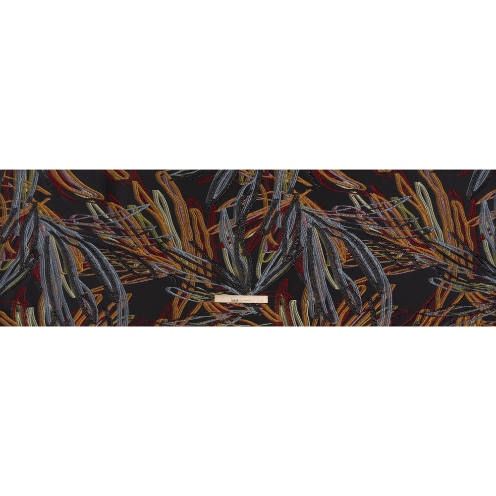 Metallic Polyester and Acetate Brocade - Golden Orange, Dusty Blue and Black Bunches of Leaves