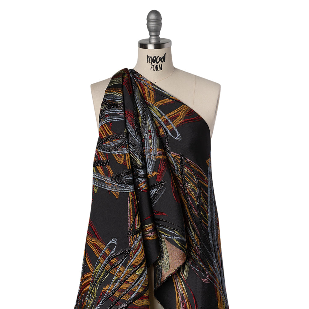Metallic Polyester and Acetate Brocade - Golden Orange, Dusty Blue and Black Bunches of Leaves