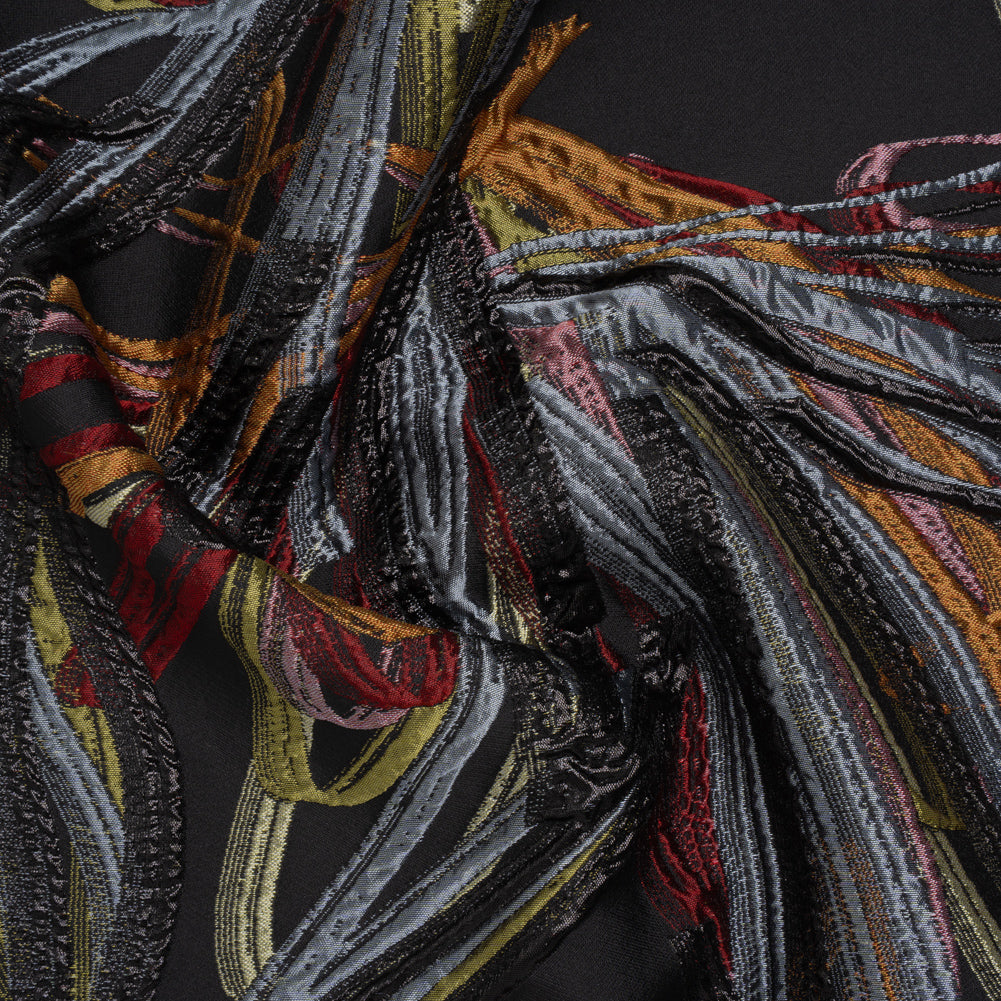 Metallic Polyester and Acetate Brocade - Golden Orange, Dusty Blue and Black Bunches of Leaves