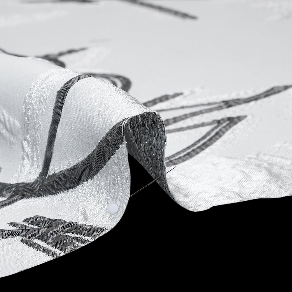 Metallic Polyester and Acetate Brocade - Silver, Charcoal and White Abstracted Flower Outlines Detail