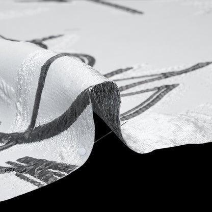 Metallic Polyester and Acetate Brocade - Silver, Charcoal and White Abstracted Flower Outlines Detail
