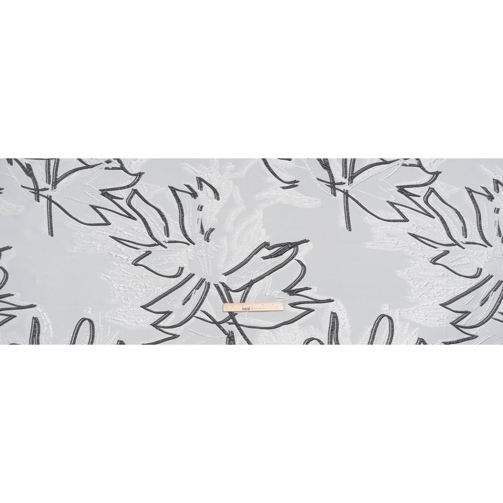 Metallic Polyester and Acetate Brocade - Silver, Charcoal and White Abstracted Flower Outlines Full