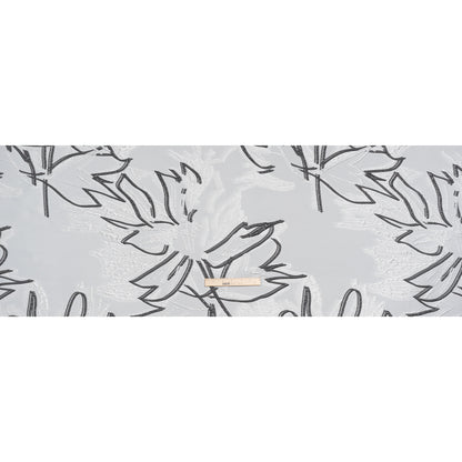 Metallic Polyester and Acetate Brocade - Silver, Charcoal and White Abstracted Flower Outlines Full