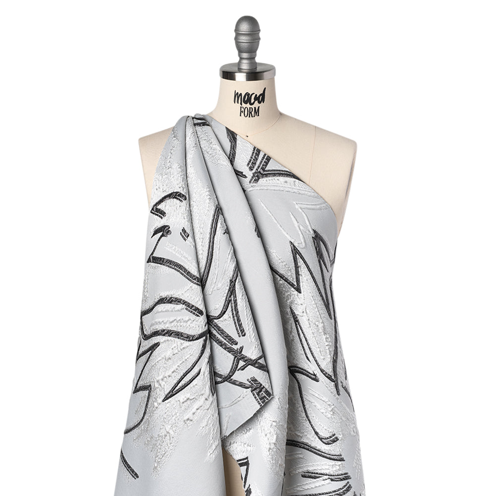 Metallic Polyester and Acetate Brocade - Silver, Charcoal and White Abstracted Flower Outlines Drape