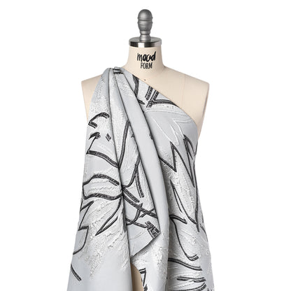 Metallic Polyester and Acetate Brocade - Silver, Charcoal and White Abstracted Flower Outlines Drape