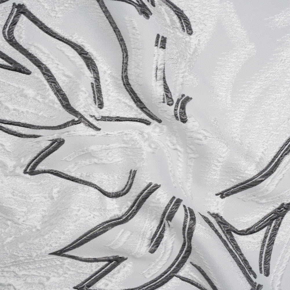 Metallic Polyester and Acetate Brocade - Silver, Charcoal and White Abstracted Flower Outlines