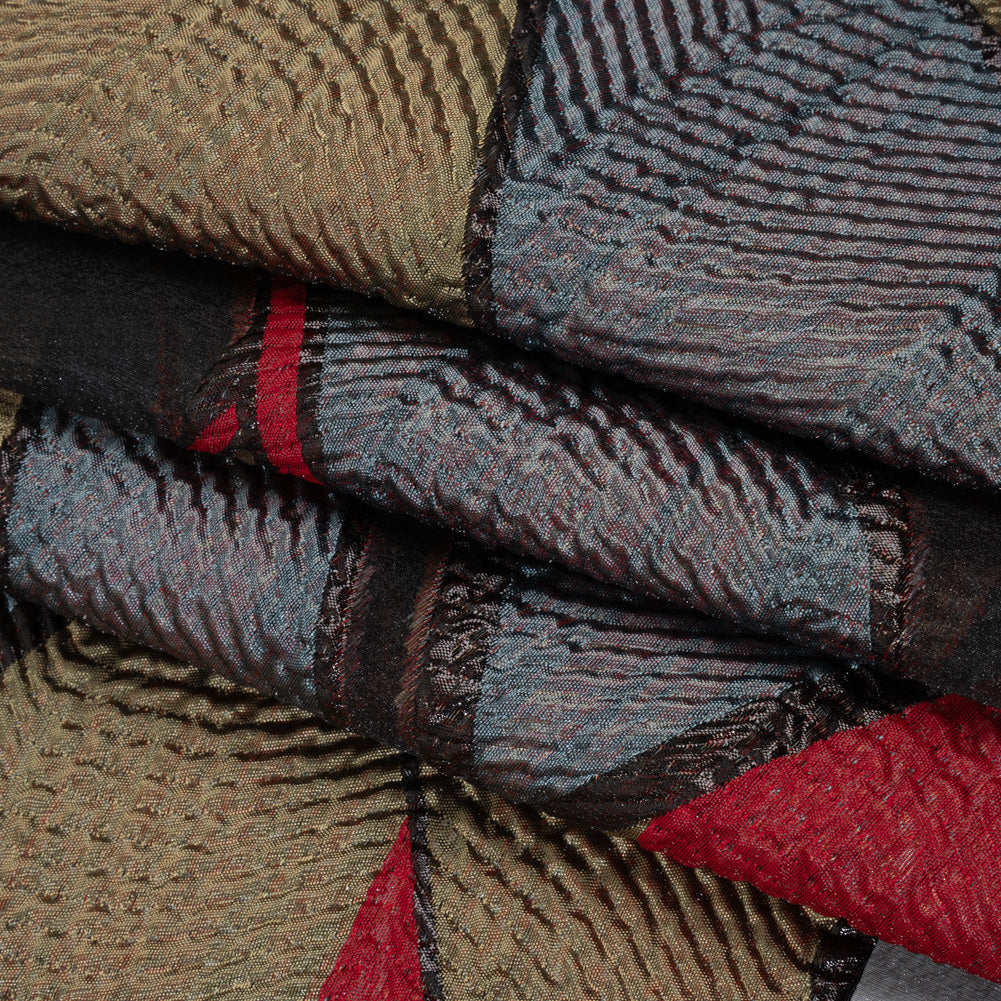 Metallic Rayon and Polyester Burnout Brocade - Tan, Red and Dusty Blue Soft Geometric Abstract Folded